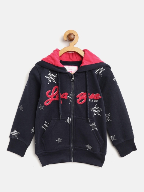 

612 league Girls Navy Blue & Silver Printed Hooded Sweatshirt
