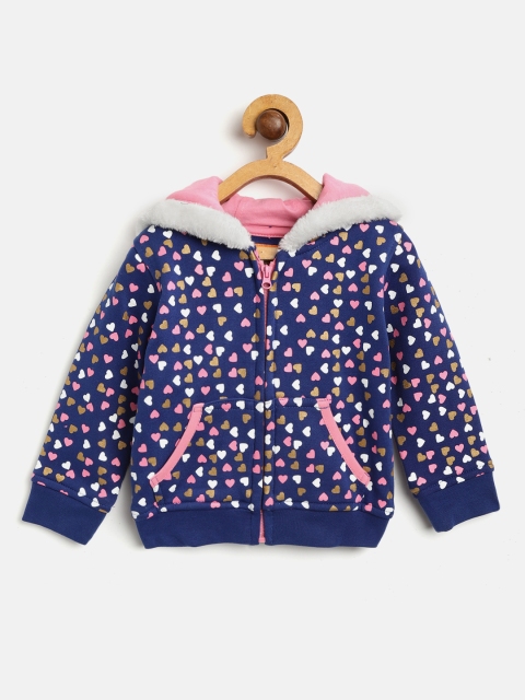 

612 league Girls Blue & White Printed Hooded Front-Open Sweatshirt