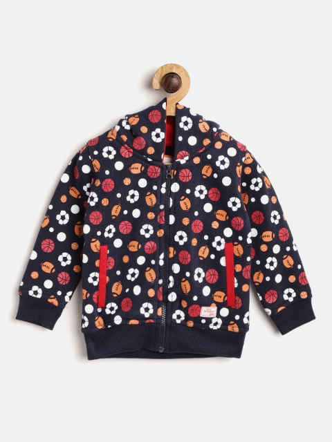 

612 league Boys Navy Blue & Orange Printed Hooded Front-Open Sweatshirt