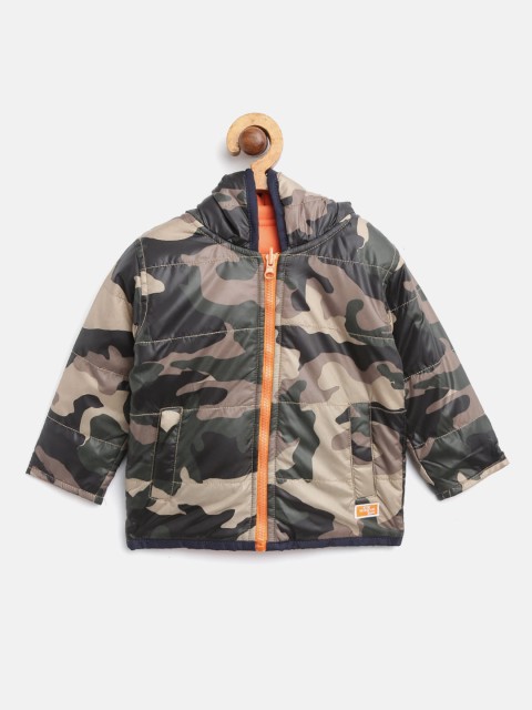

612 league Boys Olive Green & Orange Camouflage Print Hooded Reversible Padded Jacket