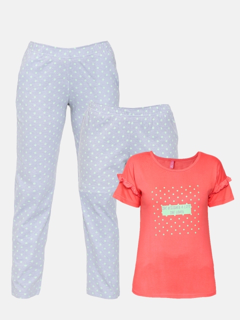 

Clt.s Women Peach-Coloured & Grey Printed Night suit