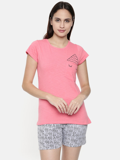 

Clt.s Women Pink & Grey Printed Night suit