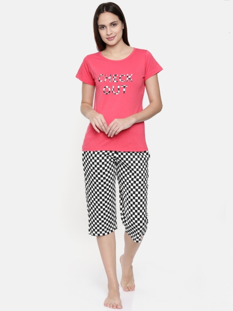 

Clt.s Women Coral Pink & Black Printed Night suit