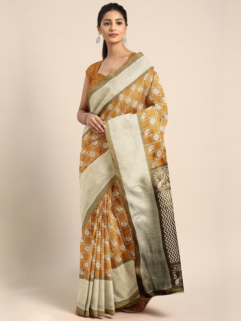 

Pavechas Mustard Yellow Polycotton Printed Mangalagiri Saree