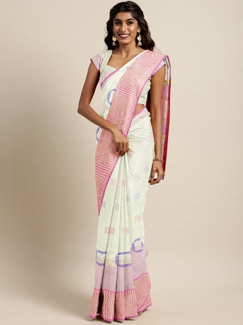 

Pavechas Off-White & Pink Poly Silk Woven Design Banarasi Saree