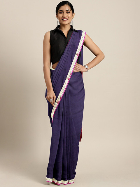 

Pavechas Navy Blue & Pink Pure Crepe Solid Mysore Silk Saree