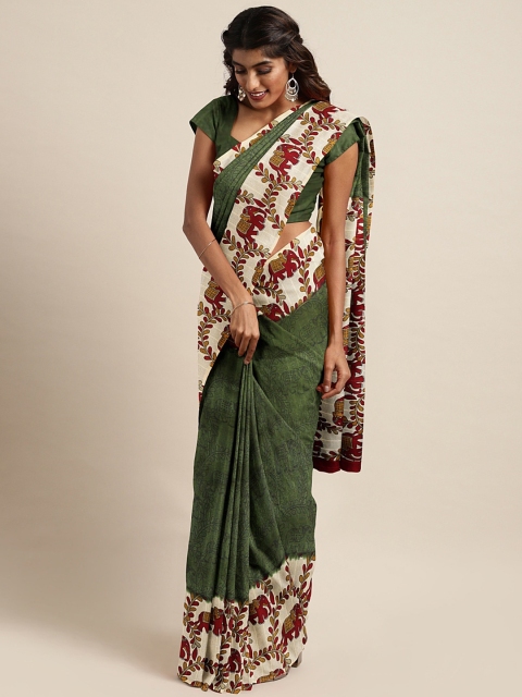

KALINI Green & Beige Polycotton Printed Bhagalpuri Saree