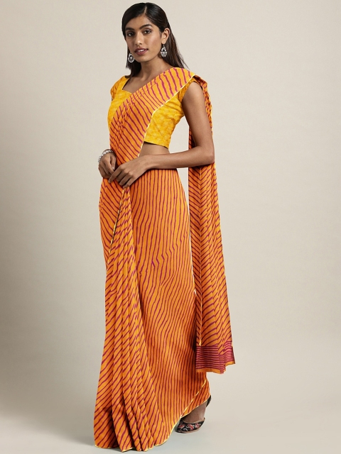 

Pavechas Mustard Yellow & Pink Poly Chiffon Striped Leheriya Saree