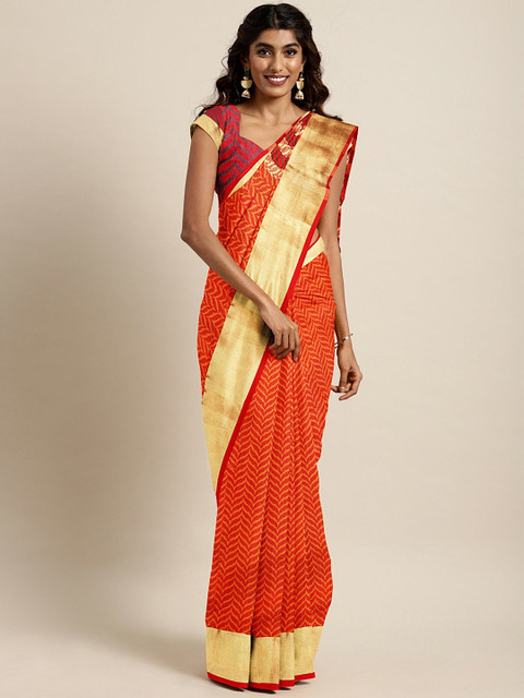 

Pavechas Orange & Red Poly Silk Woven Design Uppada Saree