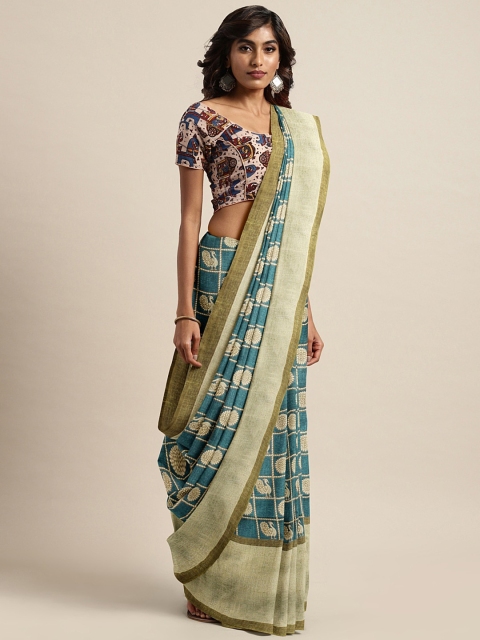 

Pavechas Teal Blue Polycotton Printed Mangalagiri Saree