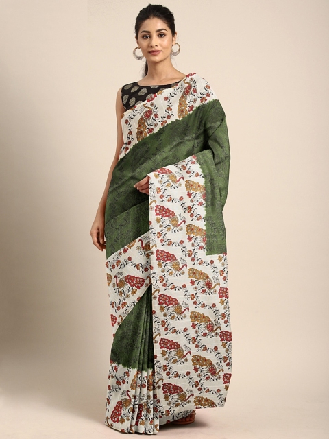 

Pavechas Green & Beige Polycotton Printed Bhagalpuri Saree