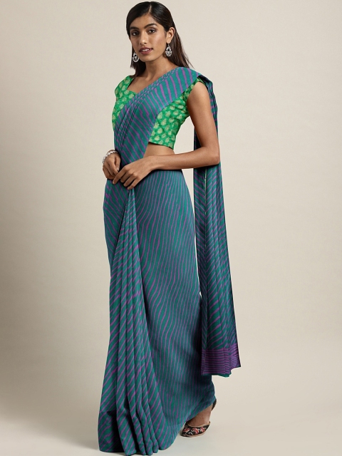 

Pavechas Teal Green & Pink Poly Chiffon Striped Leheriya Saree