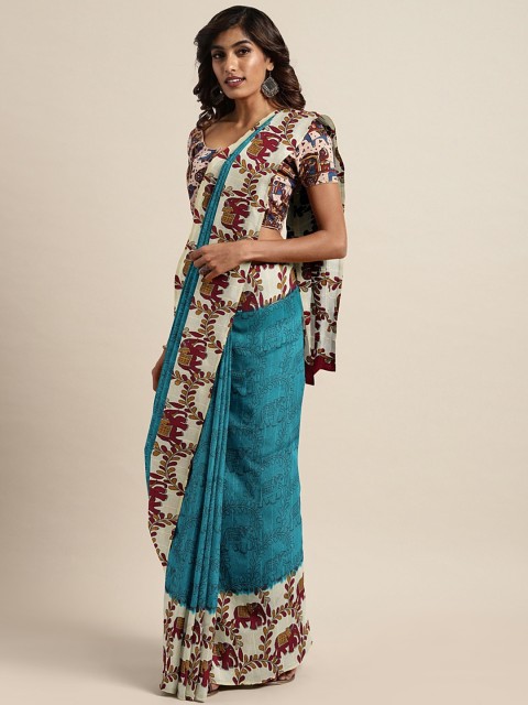 

KALINI Teal Blue & Beige Polycotton Printed Bhagalpuri Saree