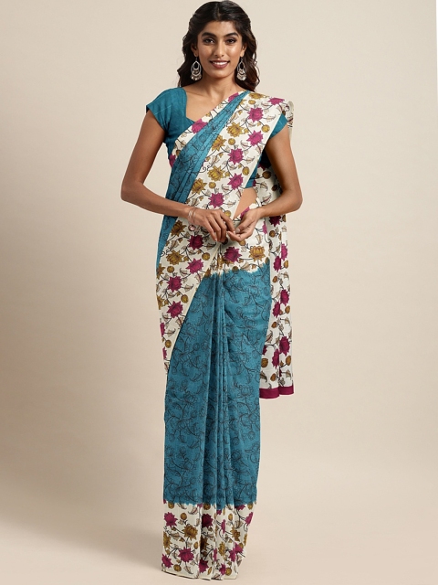 

KALINI Teal Blue & Off-White Polycotton Printed Bhagalpuri Saree