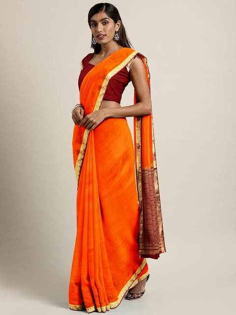 

Pavechas Orange Pure Crepe Solid Mysore Silk Saree