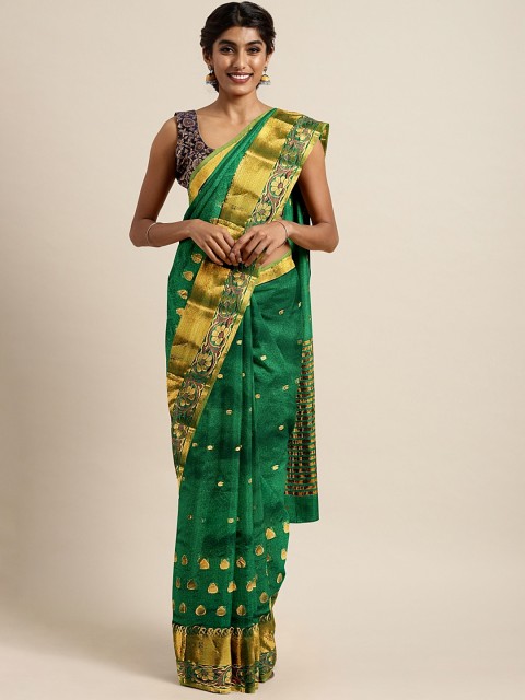 

Pavechas Green & Gold-Coloured Poly Silk Woven Design Banarasi Saree
