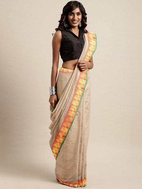 

KALINI Beige Pure Cotton Solid Venkatgiri Saree