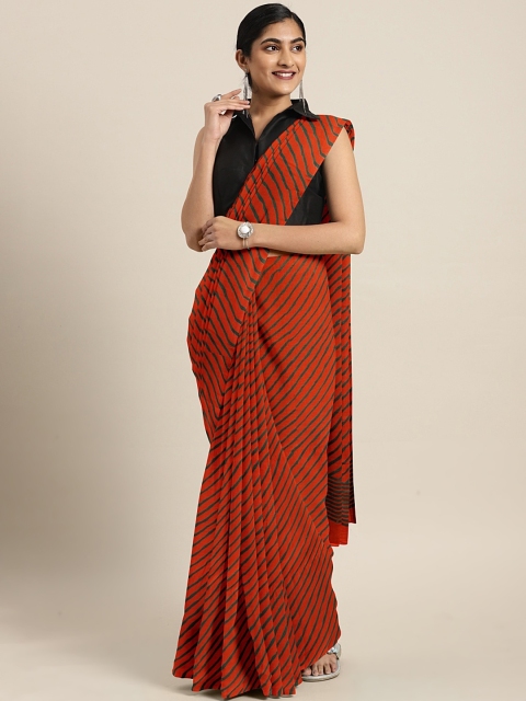 

Pavechas Orange & Green Poly Chiffon Striped Leheriya Saree