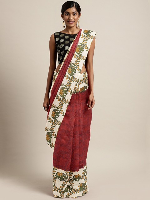 

KALINI Maroon & Off-White Polycotton Printed Bhagalpuri Saree