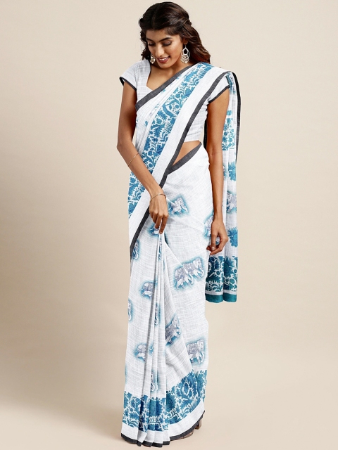 

Pavechas White & Blue Linen Blend Printed Mangalagiri Saree