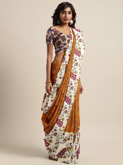 

KALINI Mustard Brown & Beige Polycotton Printed Bhagalpuri Saree