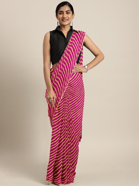 

Pavechas Pink & Yellow Poly Chiffon Striped Leheriya Saree