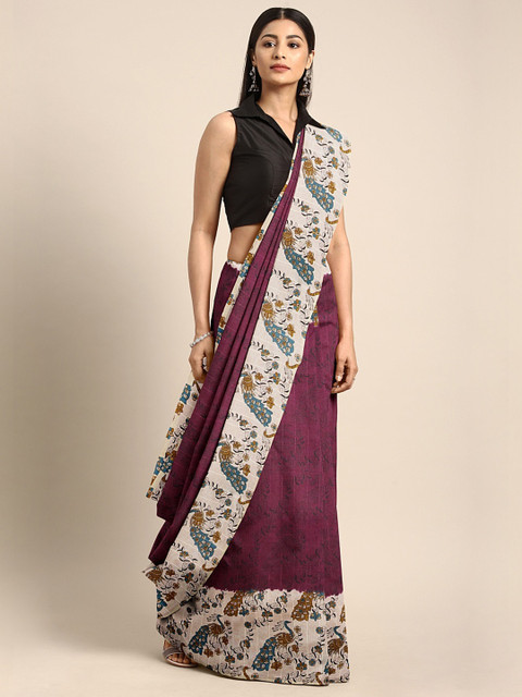 

Pavechas Purple & Beige Polycotton Printed Bhagalpuri Saree