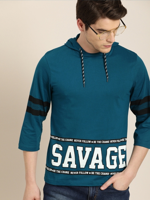 

Moda Rapido Men Teal Blue Printed Hood T-shirt