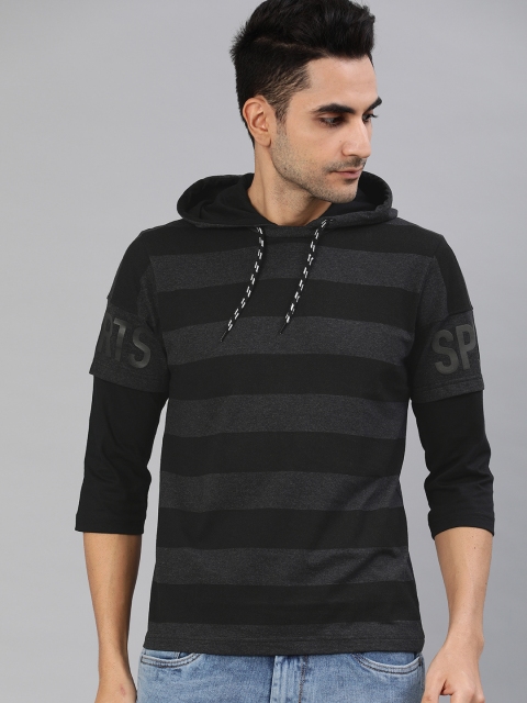 

Moda Rapido Men Charcoal Grey & Black Striped Hood T-shirt