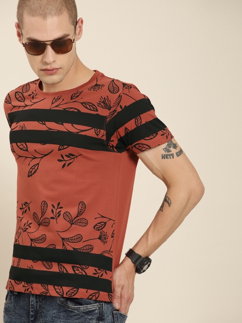 

Moda Rapido Men Rust Brown Black Striped Round Neck Pure Cotton T-shirt