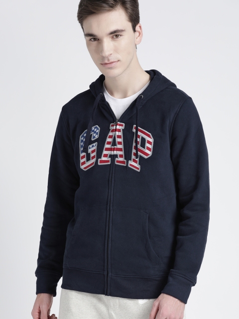 

GAP Men Navy Blue Applique Detail Hooded Sweatshirt