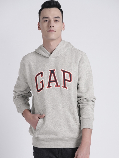 

GAP Men Grey Melange Self-Design Hooded Sweatshirt