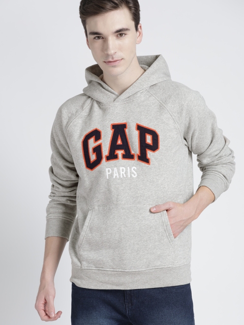 

GAP Men Grey Melange Applique Detail Hooded Sweatshirt