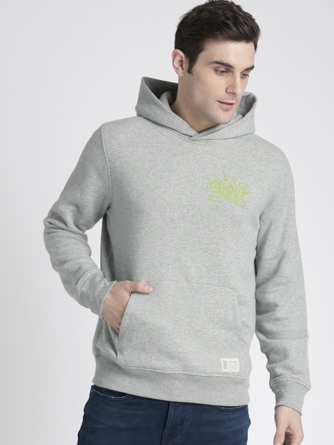

GAP Men Grey Melange Solid Hooded Sweatshirt With Applique Detailing