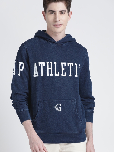 

GAP Men Navy Blue & White Printed Hooded Sweatshirt