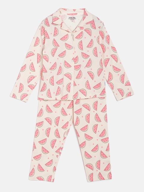 

mackly Girls Cream-Coloured Printed Night suit