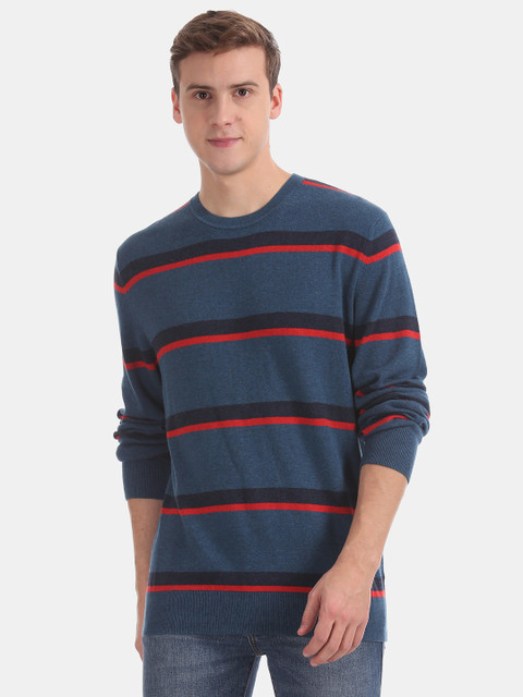 

GAP Men Teal Blue Striped Pullover Sweater