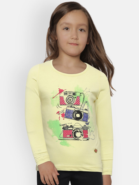 

612 league Girls Yellow Printed Round Neck T-shirt