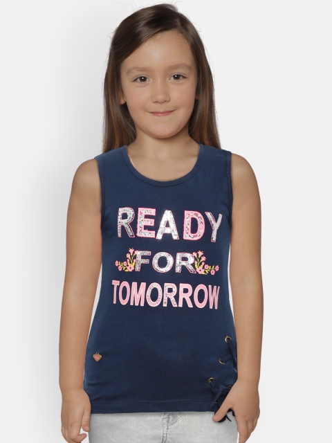 

612 league Girls Navy Blue & Pink Printed Top