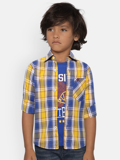 

612 league Boys Mustard Yellow & Blue Checked Casual Shirt with Printed T-shirt