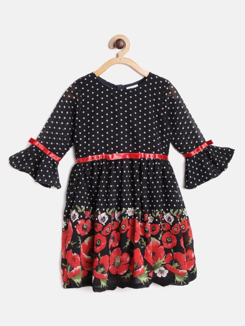 

612 league Girls Black & White Floral Printed Fit and Flare Dress
