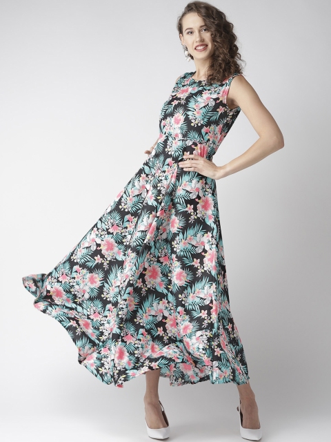 

U&F Women Black & Green Floral Print Maxi Dress