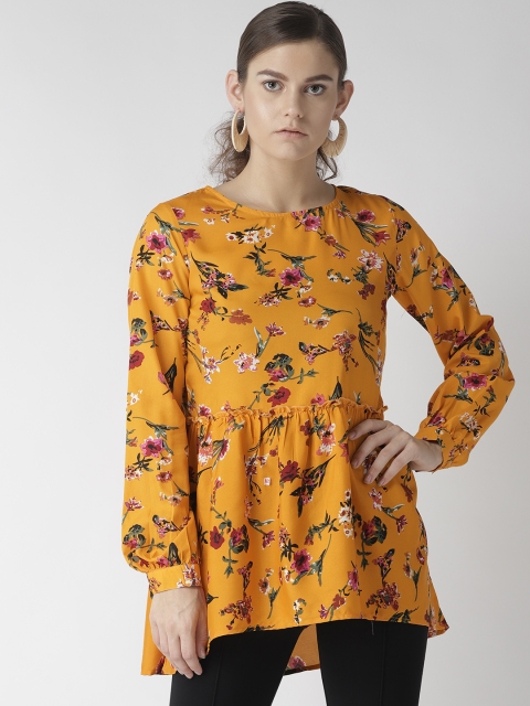 

U&F Women Orange & Green Floral Printed A-Line Top
