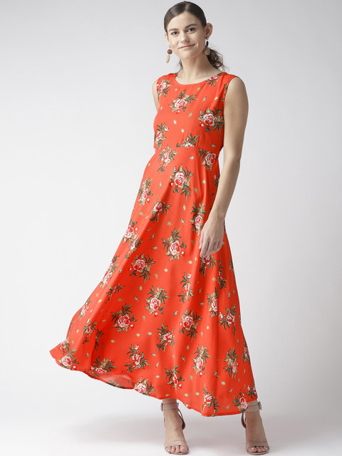 

U&F Women Red & Green Floral Print Maxi Dress