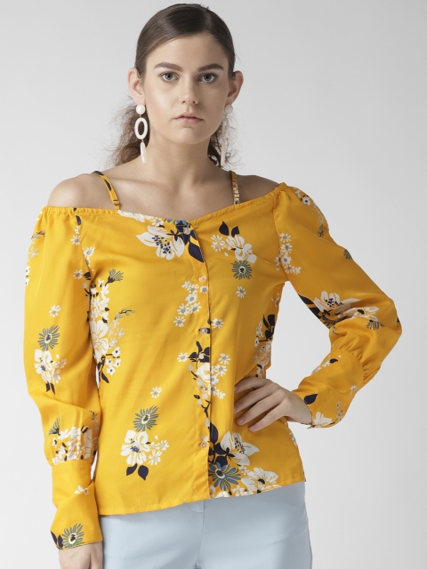 

U&F Women Yellow & White Floral Printed Bardot Top