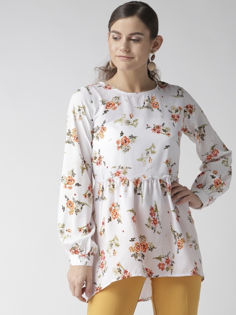 

U&F Women White & Orange Floral Print A-Line Top