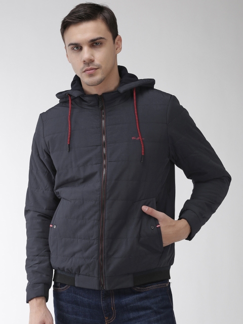 

Fort Collins Men Navy Blue Solid Hooded Bomber Jacket