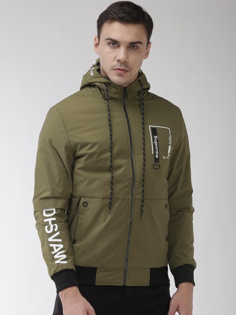

Fort Collins Men Olive Green Solid Hooded Bomber Jacket