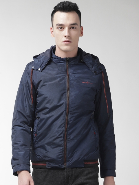 

Fort Collins Men Navy Blue Printed Detachable Hood Bomber Jacket