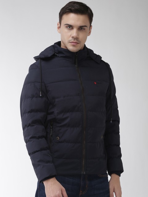 

Fort Collins Men Navy Blue Solid Padded Jacket with Detachable Hood